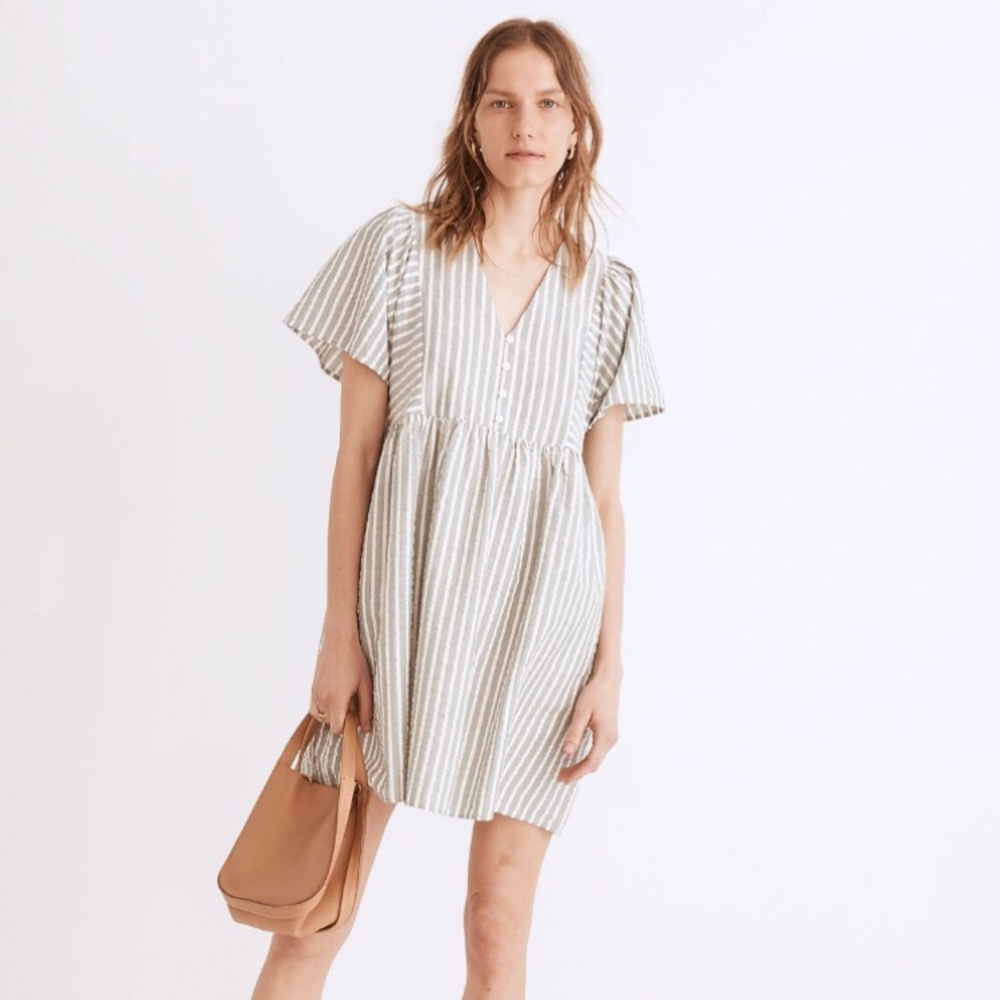 Madewell seersucker flutter-sleeve dress in stripe in Medium